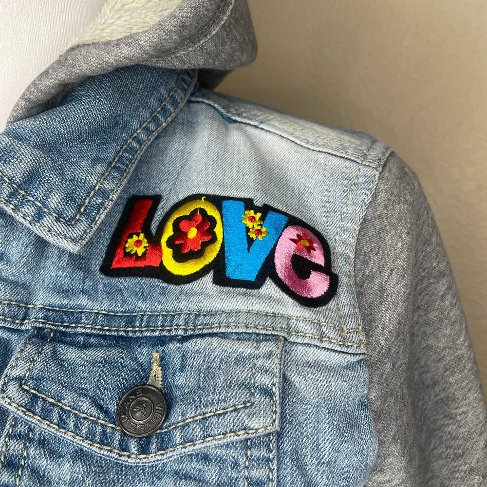Vigoss Girls Hooded Denim Jacket Size 10 Patches Sherpa Lined Mixed Media
